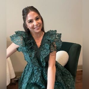 Green Ruffle Leopard Organza Dress